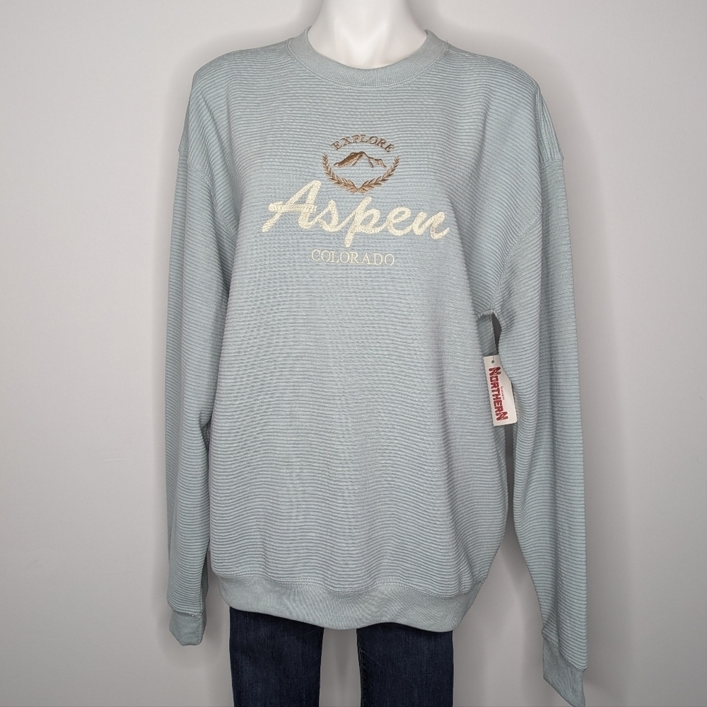 NWT Souvenirs Northern Blue Ribbed Aspen Colorado Pullover Sweatshirt L